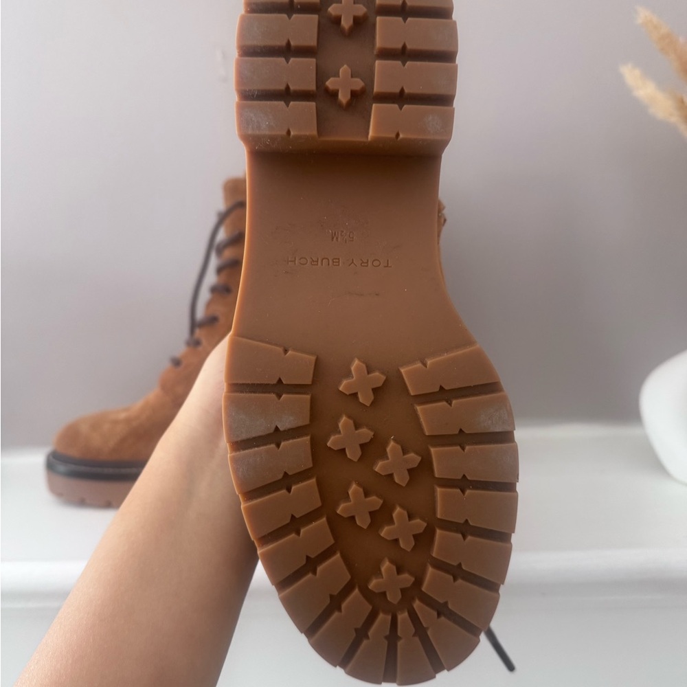 New Tory Burch Tan Suede Ankle Booties s5.5M miller embossed suede combat boots - Picture 4 of 14